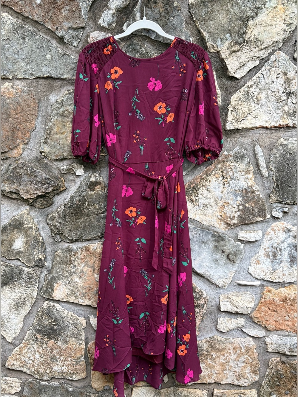 Donna Morgan Nordstrom Burgundy Bright Floral Dress with Puff Sleeves sz 16 Nice